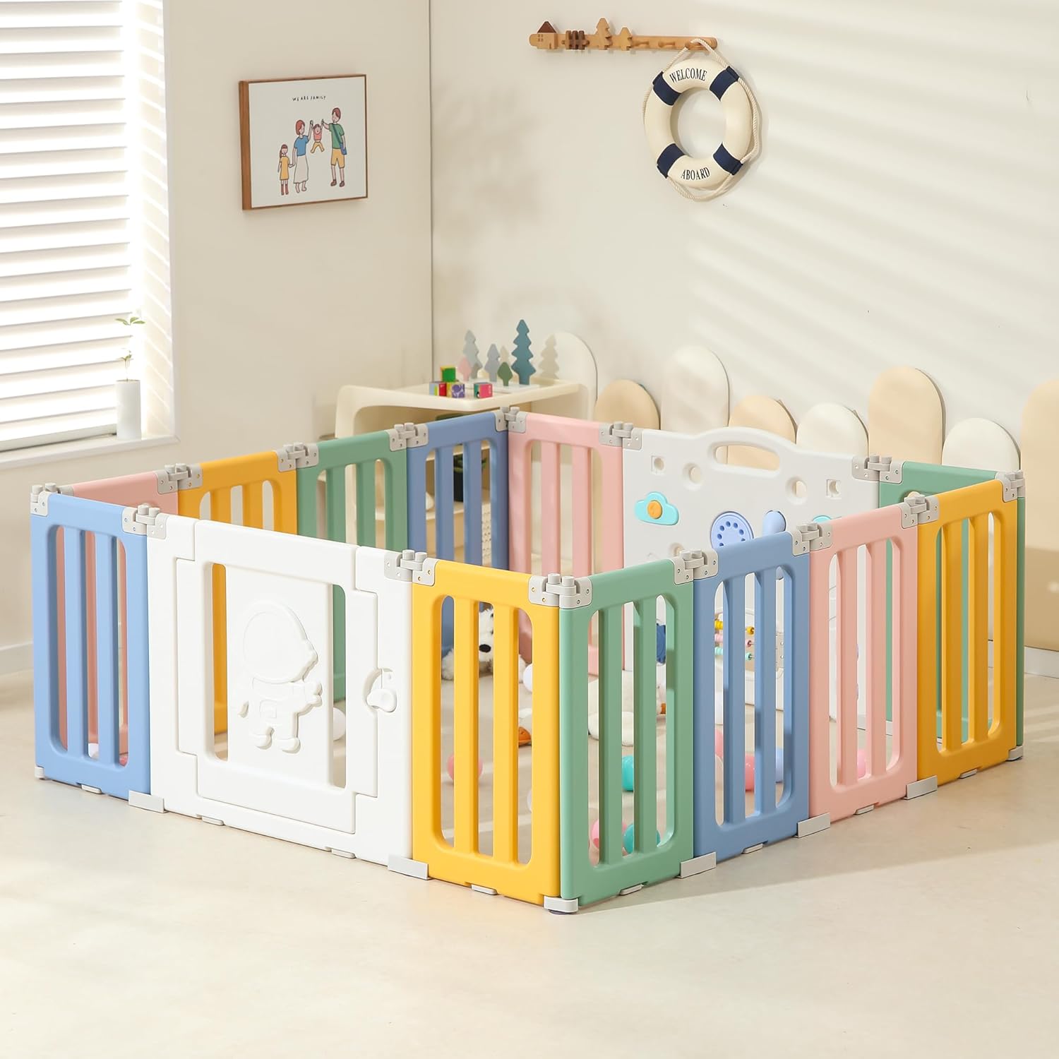 Extra Large Foldable Play Pen with Colorful Astronauts Design