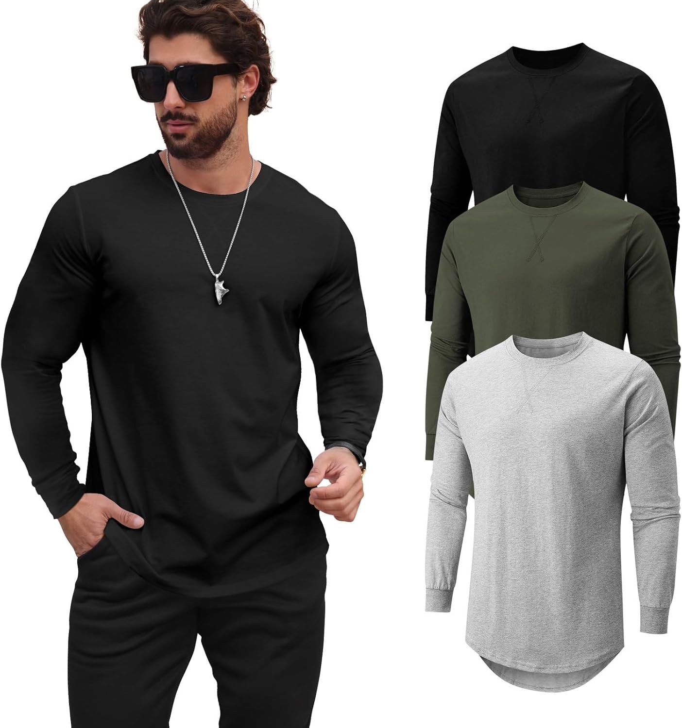 Mens Longline Crewneck Tee Shirts for Casual Hipster Style