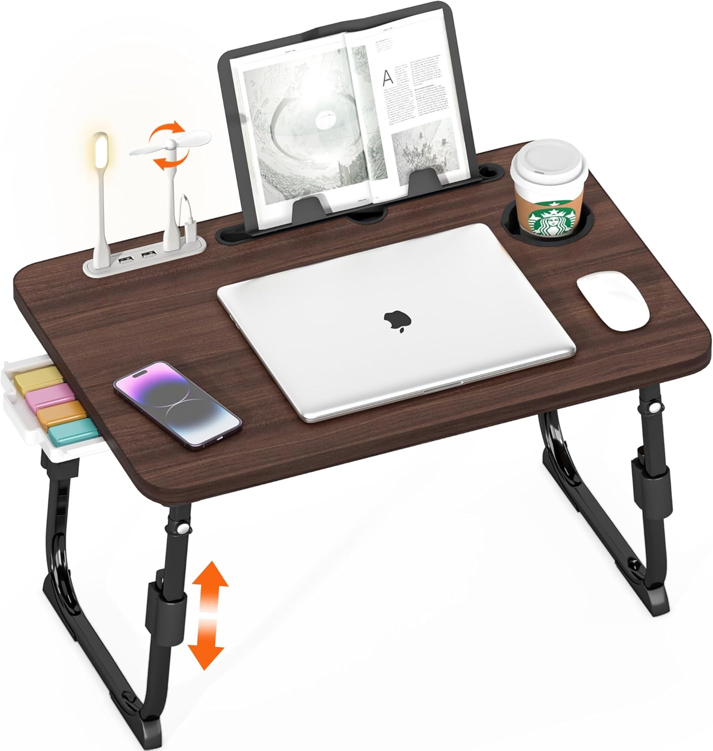Height Adjustable Laptop Desk for Bed with USB and Storage Drawer
