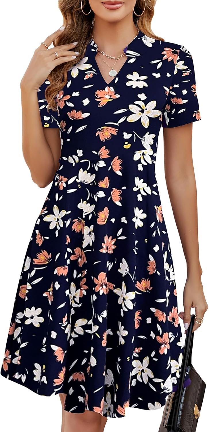 Mokayee Womens Summer Short Sleeve V Neck Fit and Flare Dress