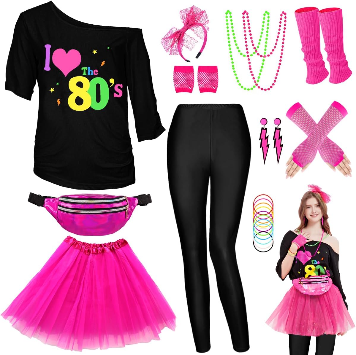 WlLDPARTY 80s Outfit Women Costume Accessories Set for Parties