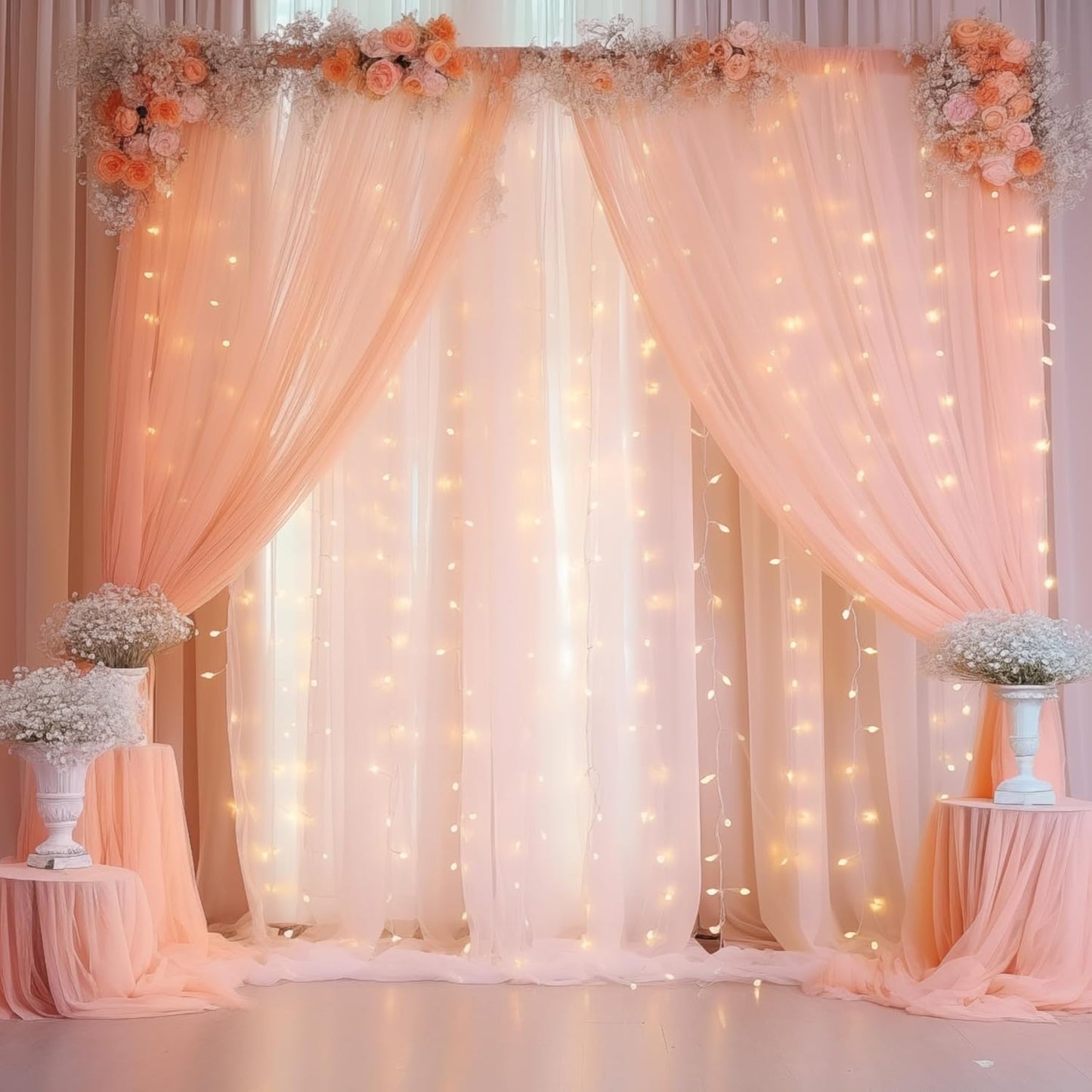 Peach Tulle Backdrop Curtain with Lights for Stunning Events