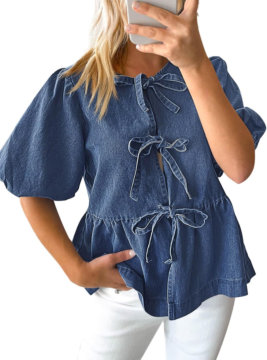 Womens Denim Tie Front Tops for Casual Summer Style