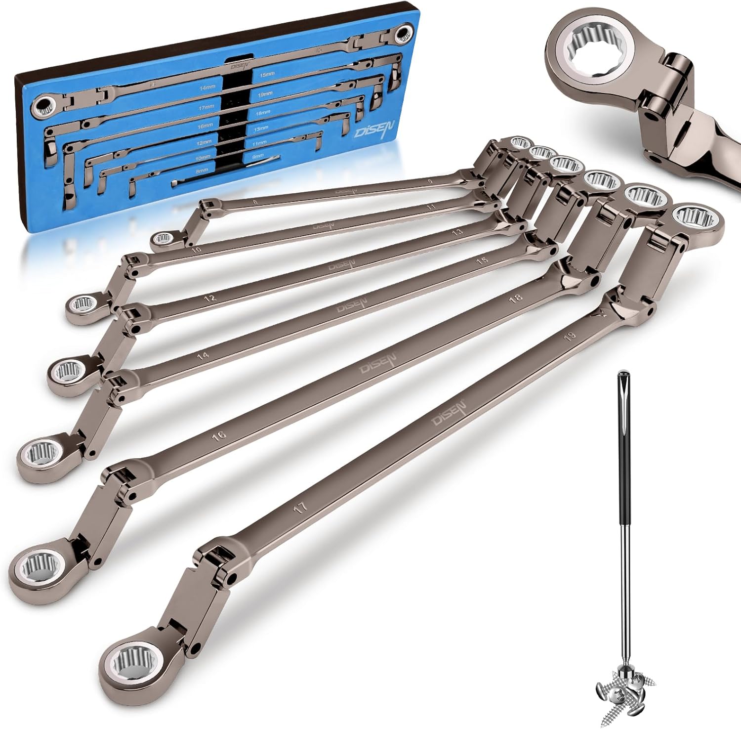 DISEN Upgraded Double Jointed Extra Long Flex Head Ratchet Wrench Set