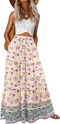 Womens Boho High Waisted Flowy Maxi Skirt - Floral, Pockets
