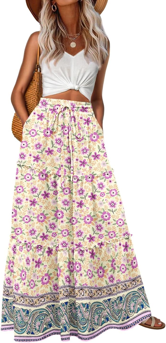 Lepunuo Womens Casual Boho High Waisted Flowy Maxi Skirts