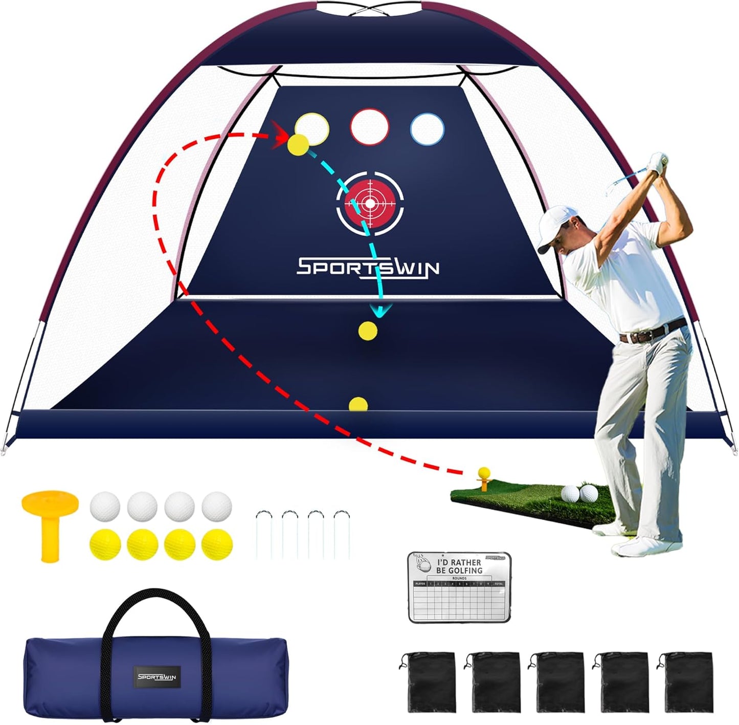 SPORTSWIN Golf Net: Auto Ball Return, Tri-Turf Mat, Heavy Duty