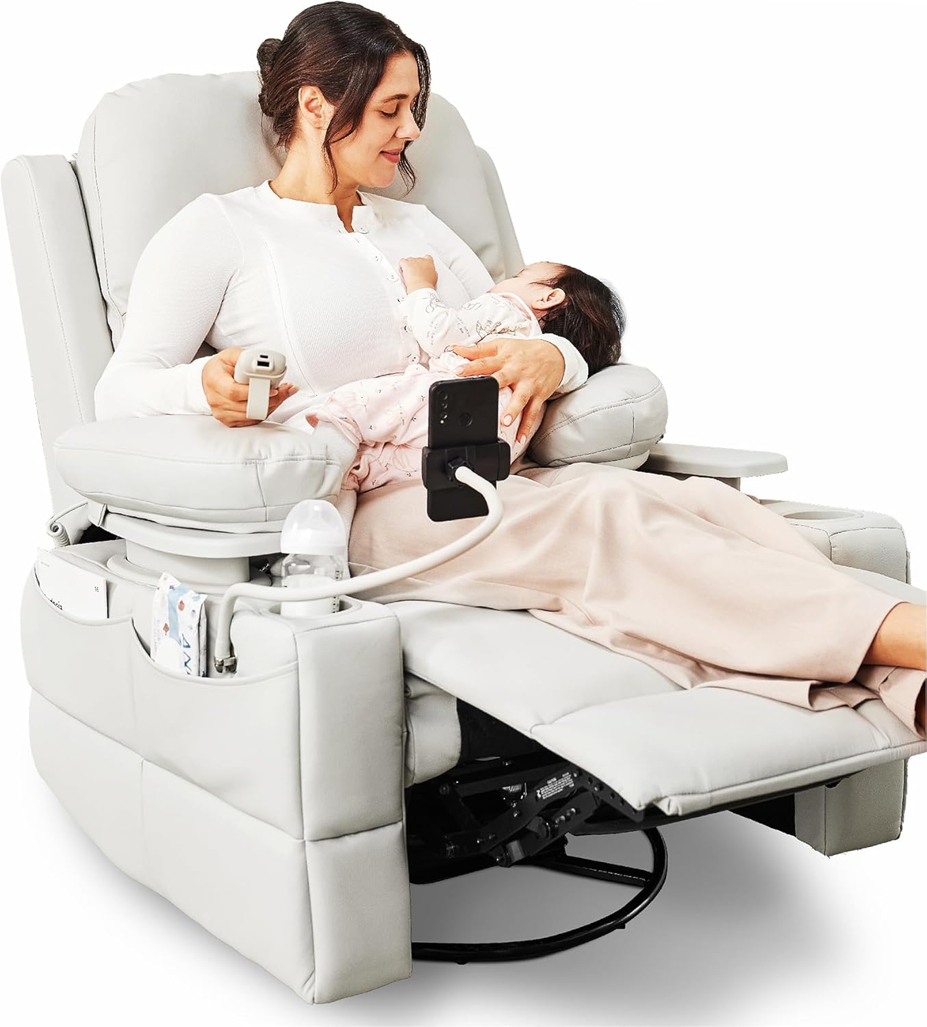Electric Nursing Rocking Chair with Swivel Power Recline, USB Port & Storage - FSC Certified (Vanilla)