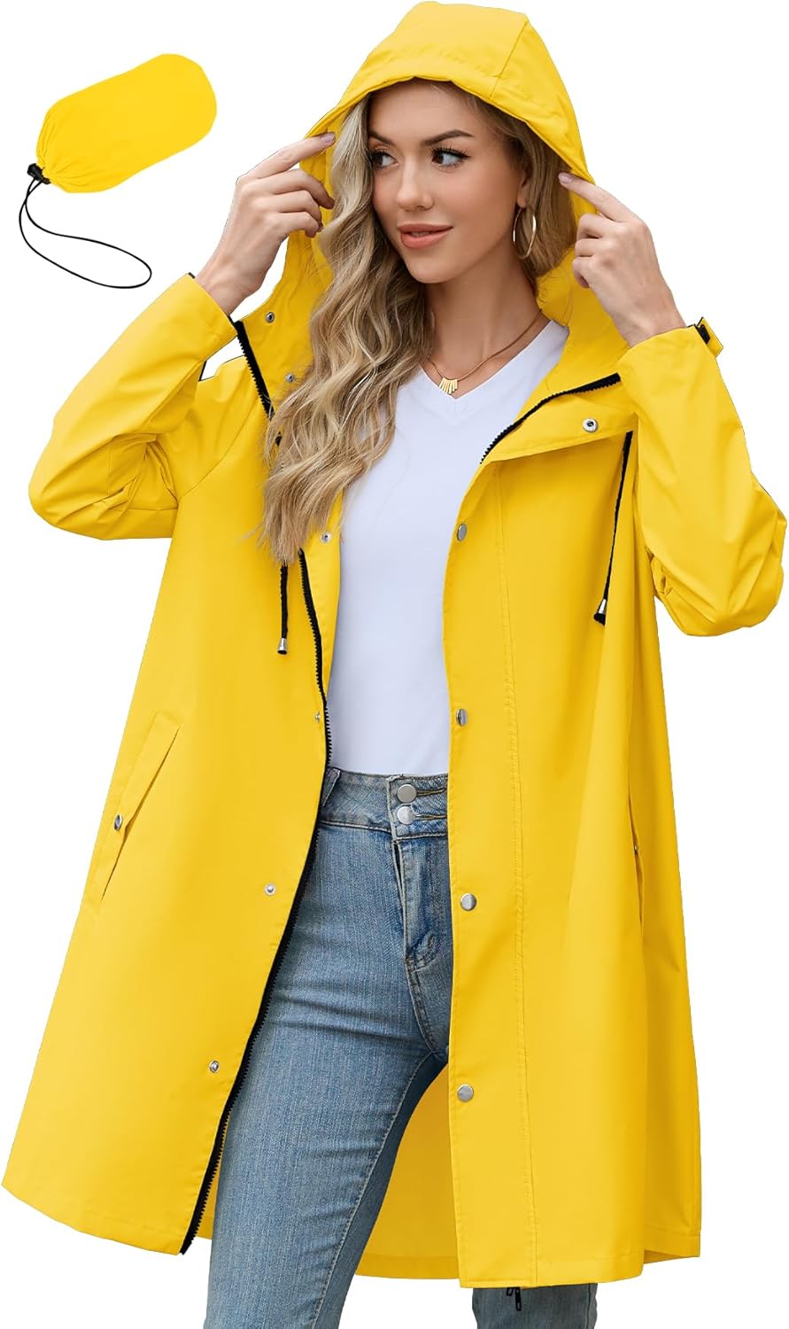 Zando Long Packable Rain Jacket for Women - Waterproof Windbreaker