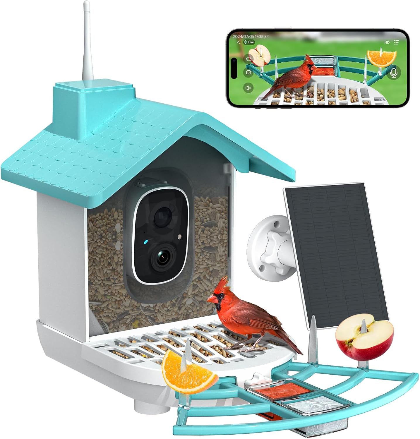 Solar Bird Feeder Camera, Al Bird ID, Squirrel Proof, Blue