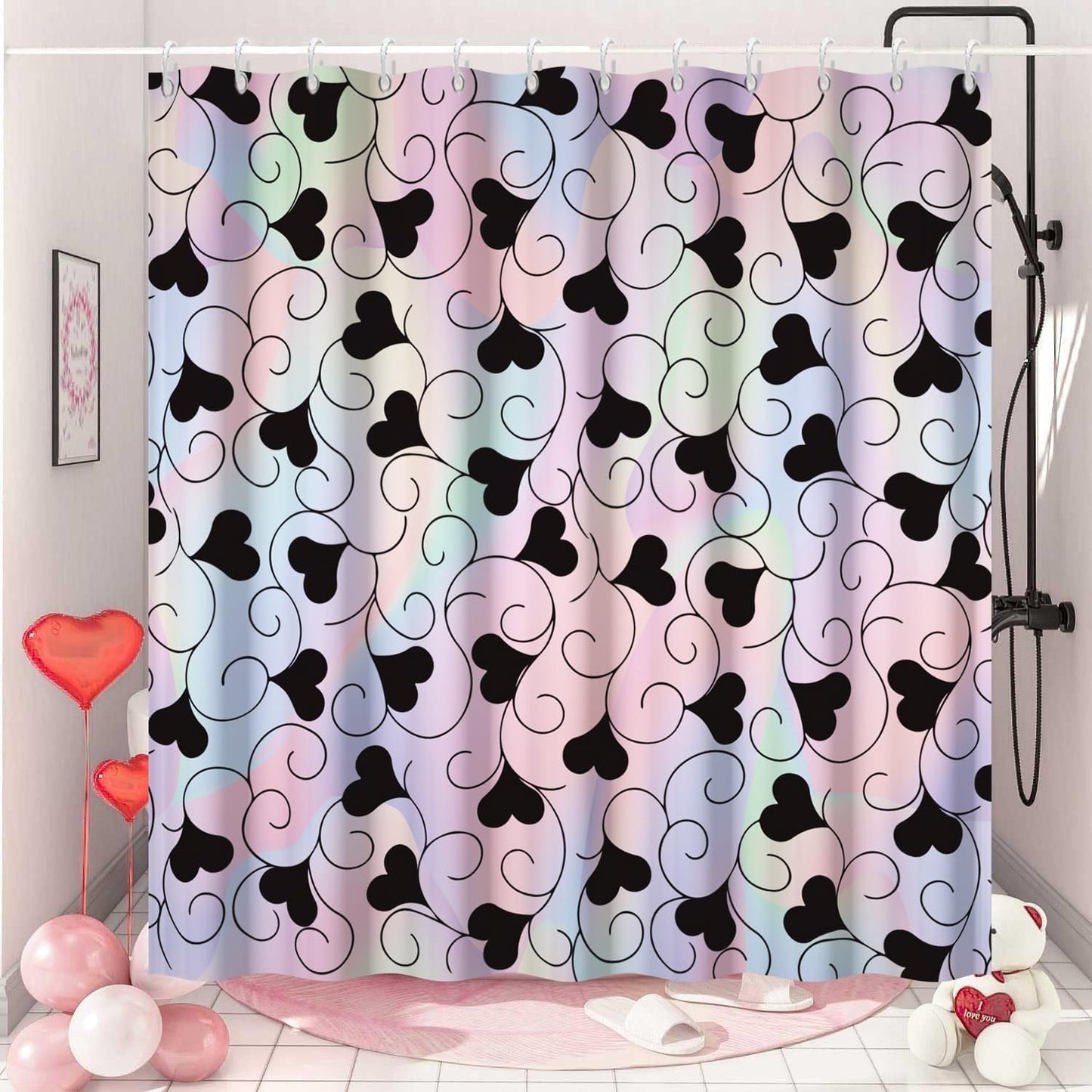 Romantic Black Heart Shower Curtain Set - Waterproof Love & Style