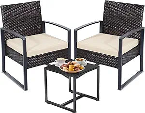 3 Pieces Patio Outdoor Wicker Bistro Furniture Set for Relaxation