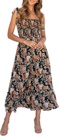 Womens Summer Floral Tie Strap Maxi Dress - Light Boho Sun Dress