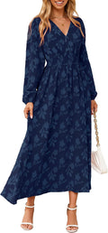 Womens Boho Floral Maxi Dress V Neck Empire Waist - With Pockets