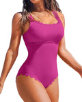 Charmo Womens Scalloped Ribbed One-Piece Swimsuit - Modest Retro Fit
