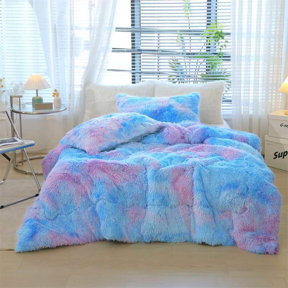 Chovy Faux Fur Plush Tie-Dyed Blue Comforter Set for King Bed
