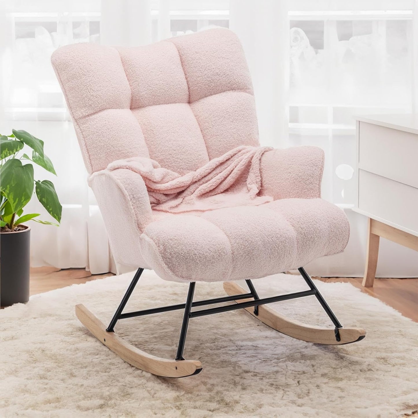 Ergonomic Pink Teddy Upholstered Glider Rocking Chair for Comfort