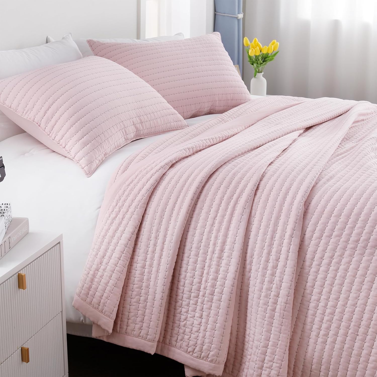 Queen Quilt Set 90x90 Soft Washed Lightweight Bedspread Pink