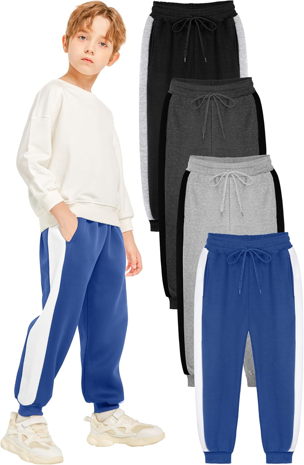 Boys' Fleece Sweatpants 4 Pack for Active Kids with Pockets