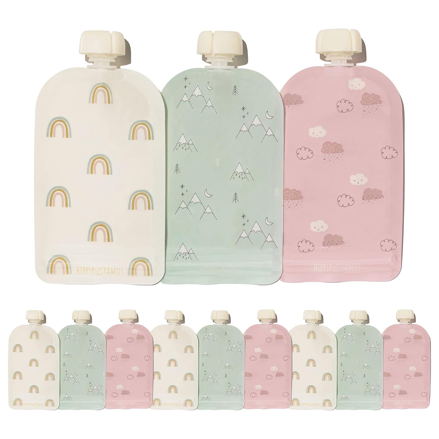 Hippypotamus 12-Pack Reusable Baby Food Pouches - BPA-Free, Dishwasher & Freezer Safe - Refillable Squeeze for Mess-Free Feeding