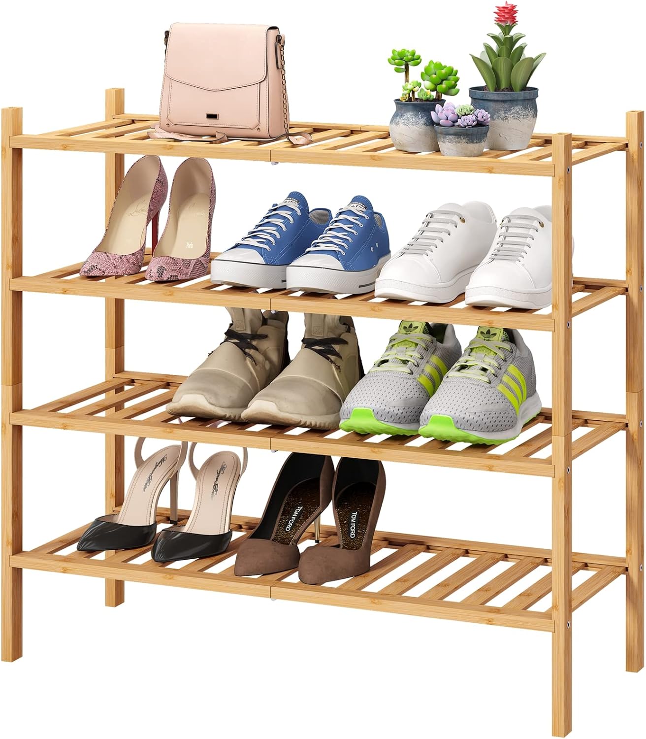 4-Tier Bamboo Shoe Rack for Entryway - Stackable & Foldable