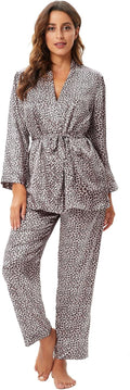 Escalier Women's Silk Satin Pajamas Set 3 Pcs Floral Cami Robe Pant