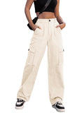 Women High Waisted Cargo Pants with 6 Pockets - Wide Leg Casual