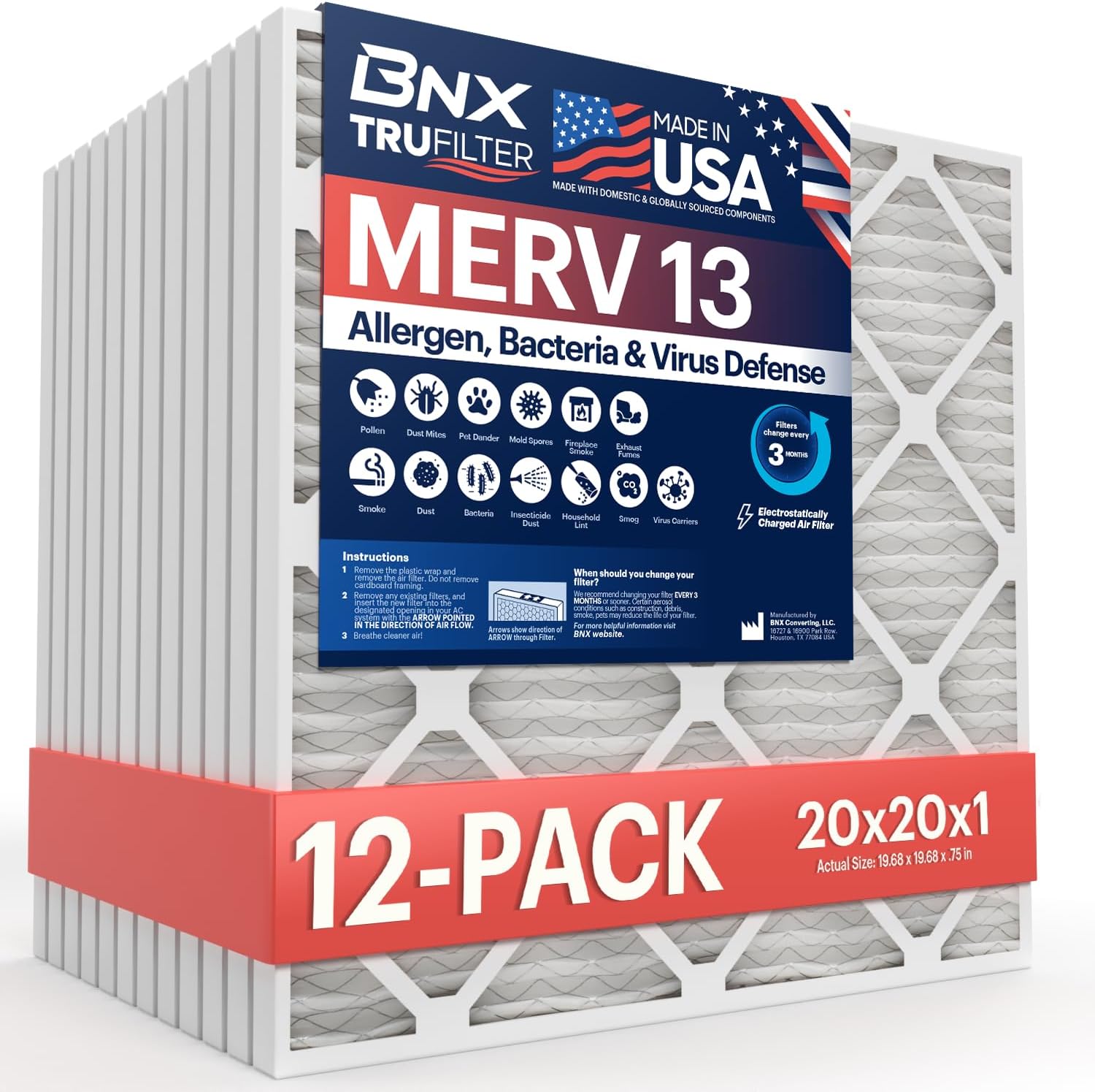 BNX TruFilter 20x20x1 MERV 13 Air Filter for HVAC Systems