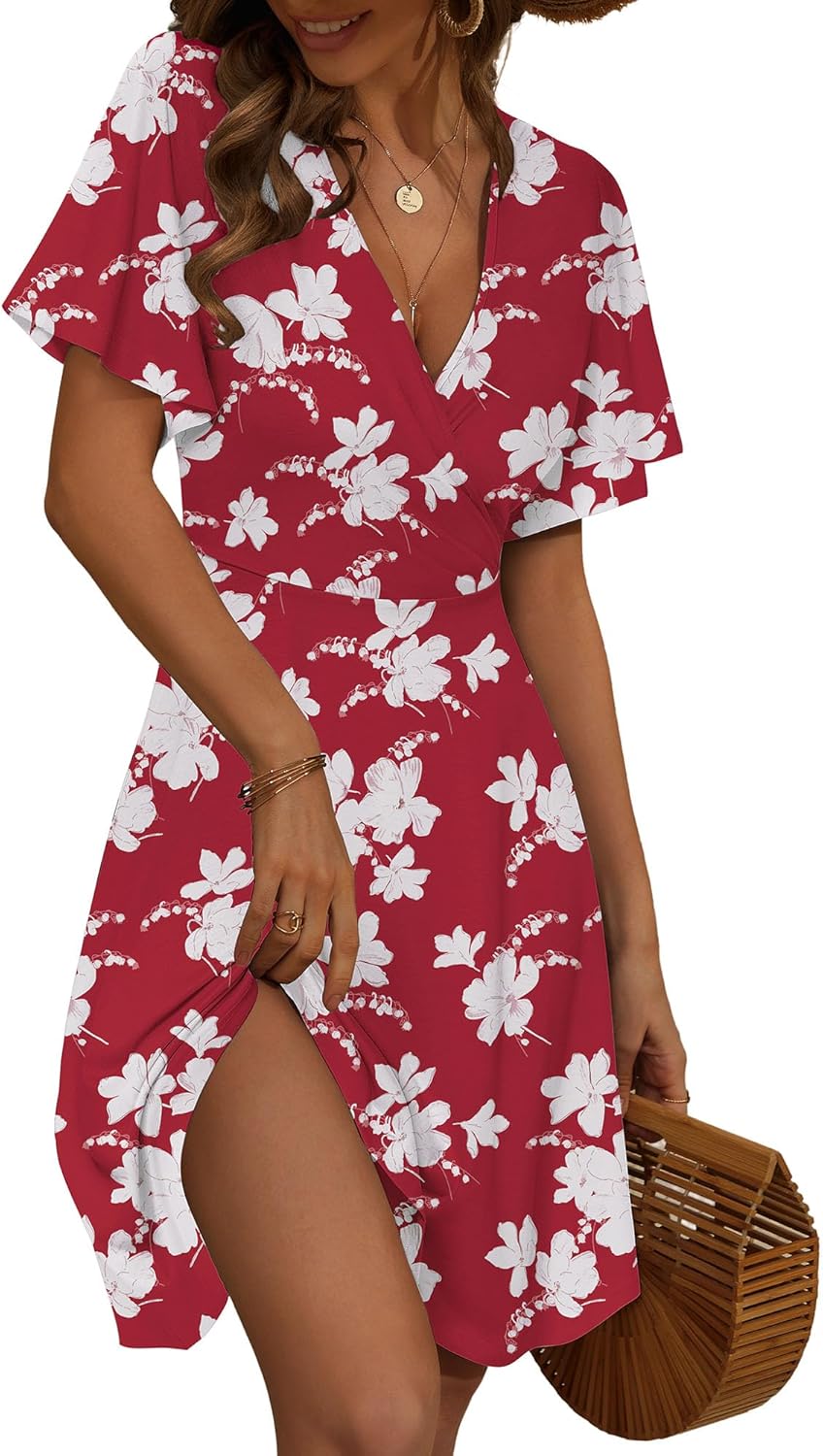 FENSACE Womens Sundress Summer Floral Short Sleeve Wrap Dress