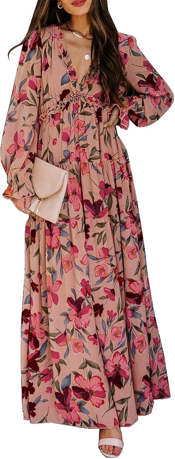 Bohemian Style Womens Casual Deep V Neck Maxi Dress for Summer
