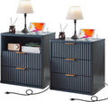 Fluted Farmhouse Nightstand Set of 2 with Charging Station - Stylish