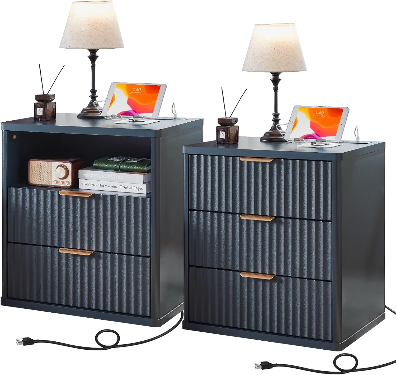 Fluted Farmhouse Nightstand Set of 2 with Charging Station