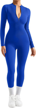Women Long Sleeve Ribbed Jumpsuit Zip Up Front Workout Bodycon