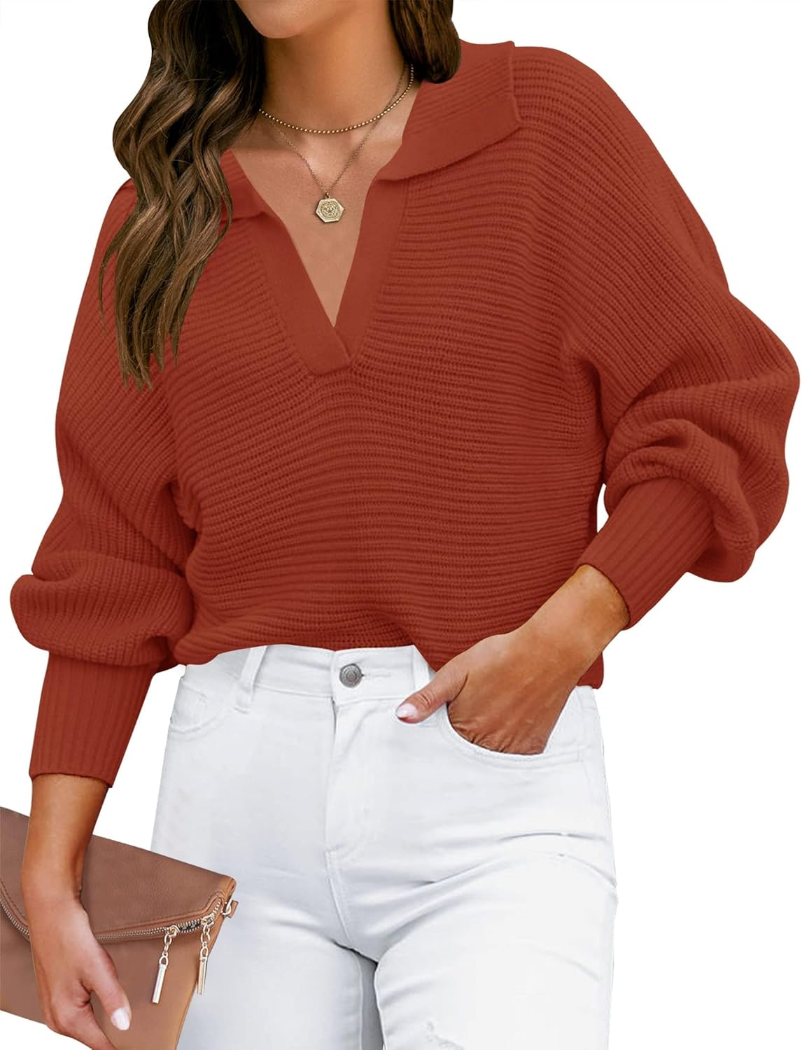 ZESICA Women's Fall V Neck Long Sleeve Ribbed Knit Sweater