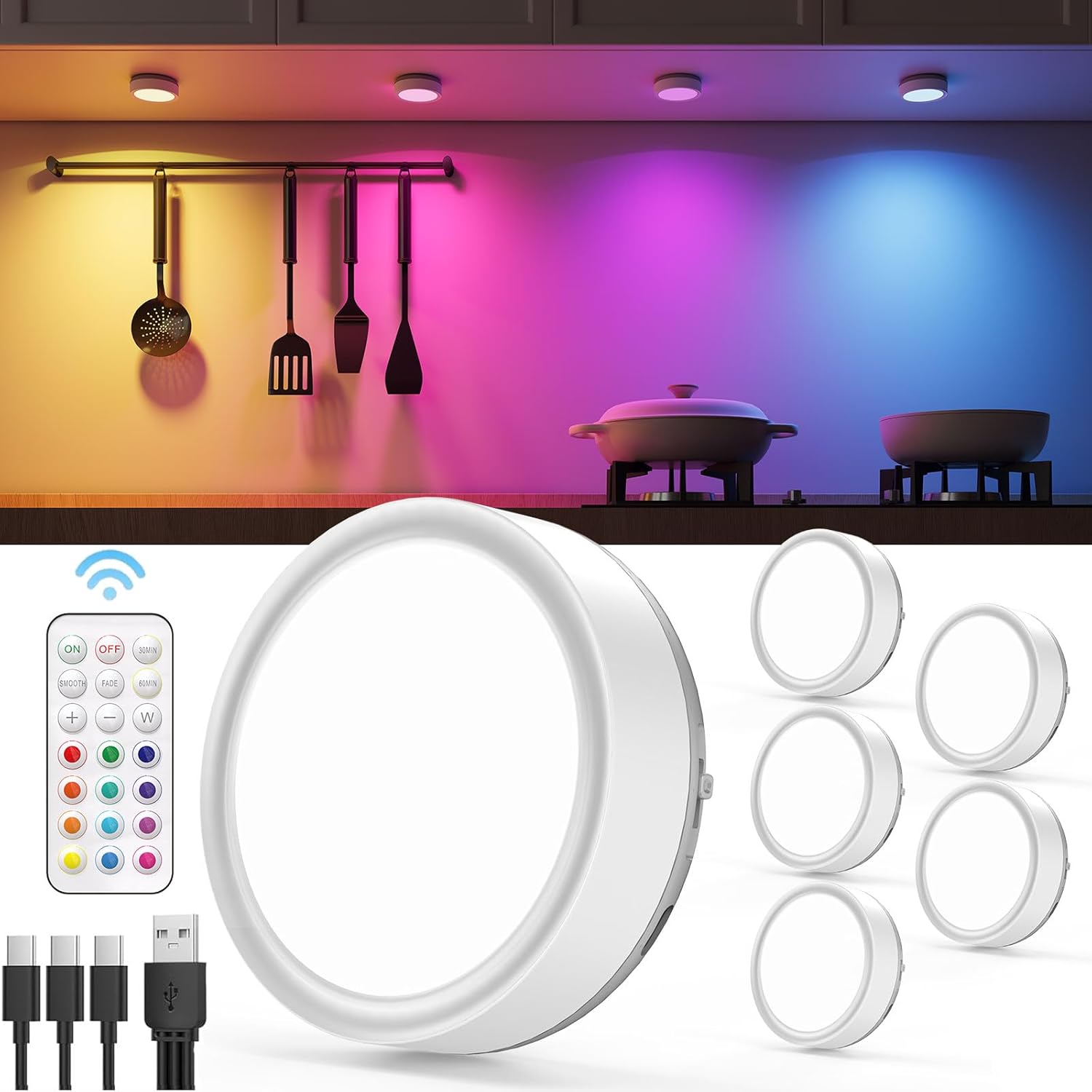 RGB Rechargeable Puck Lights with Remote Control for Home Use