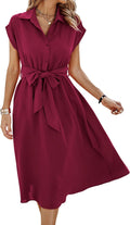 ECOWISH Womens Casual Midi Shirt Dress - Lightweight V-Neck