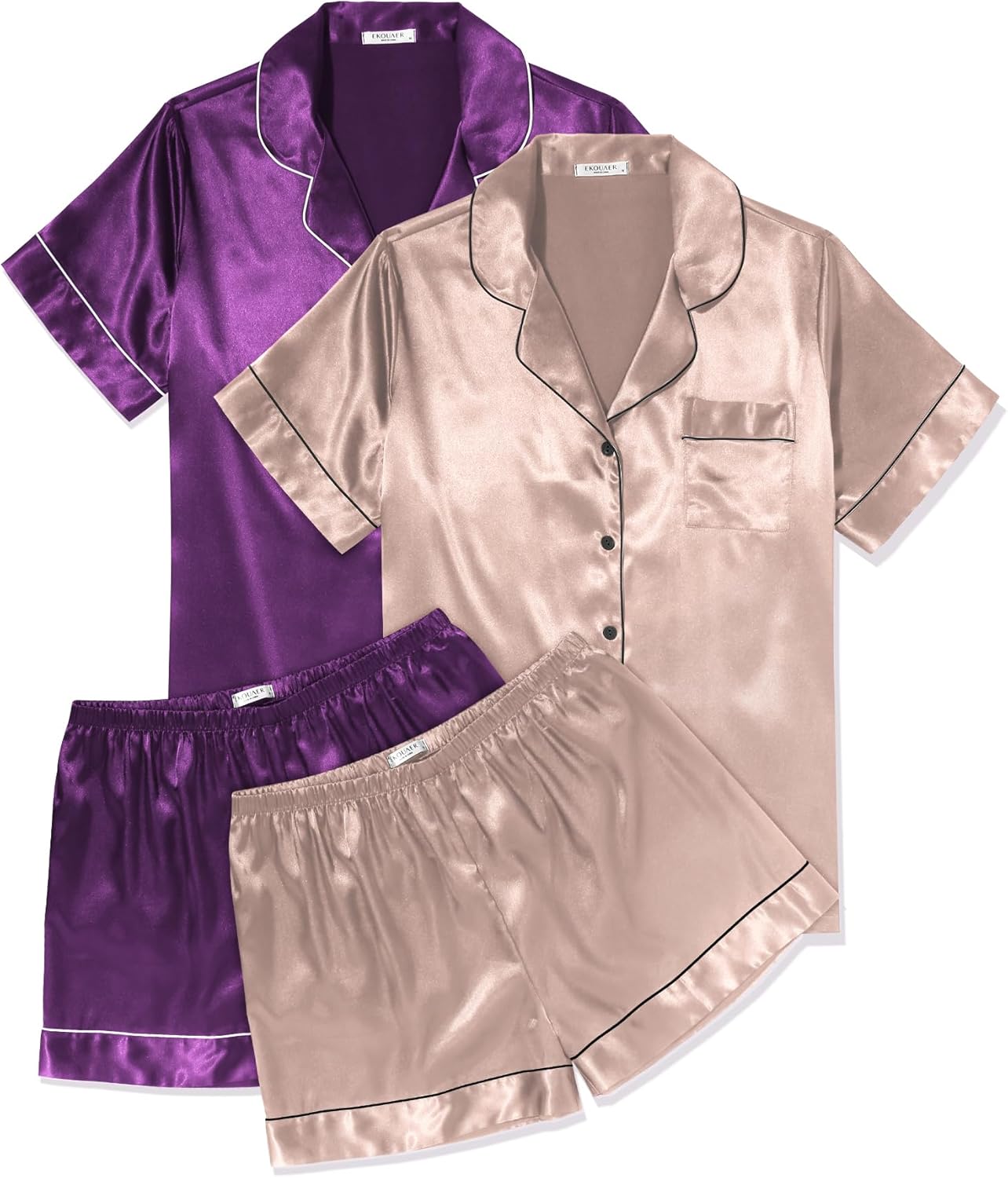 Ekouaer 2 Pack Pajama Sets for Women Silk Satin Sleepwear