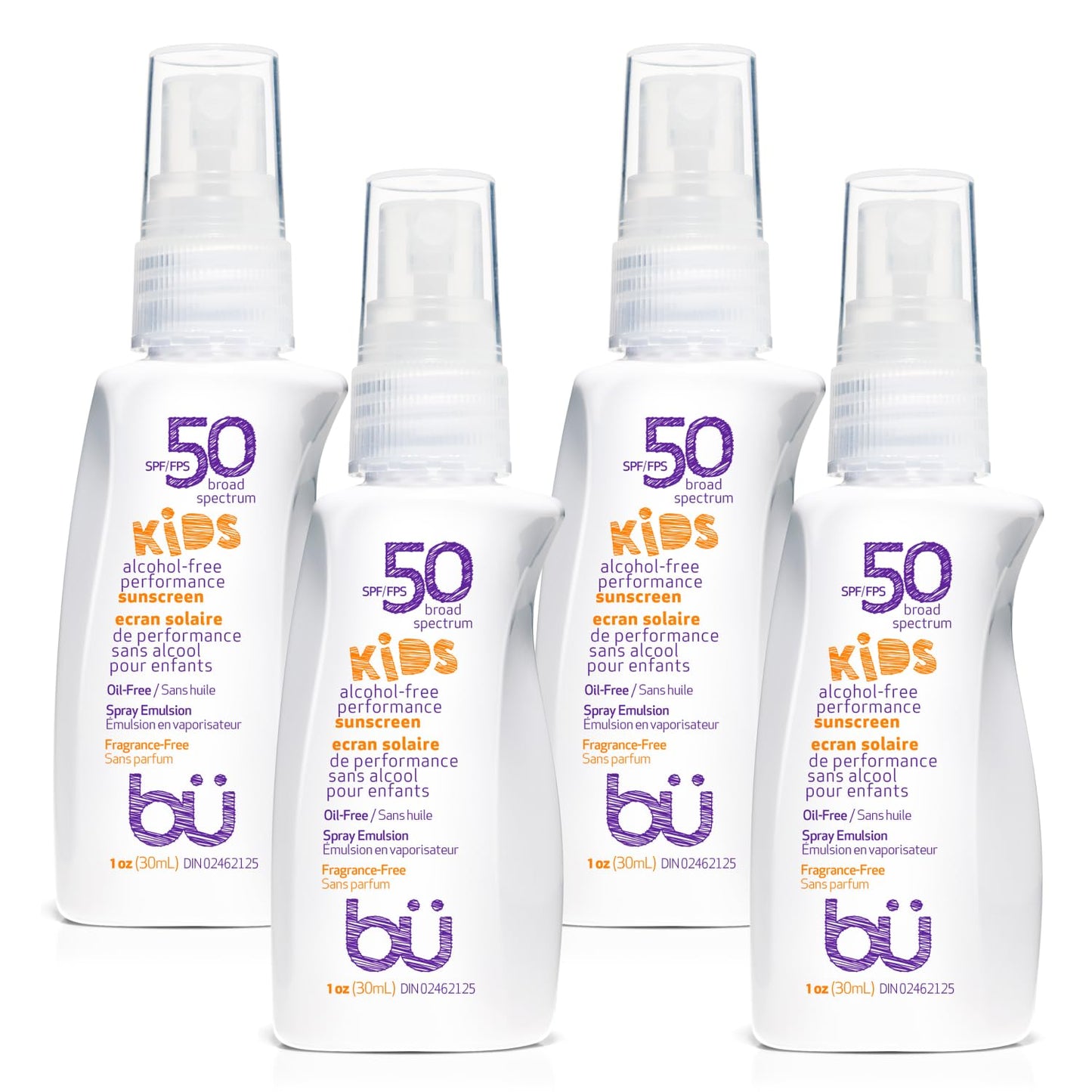 BU SPF 50 Kids Sunscreen Spray for Face and Body, 4-Pack