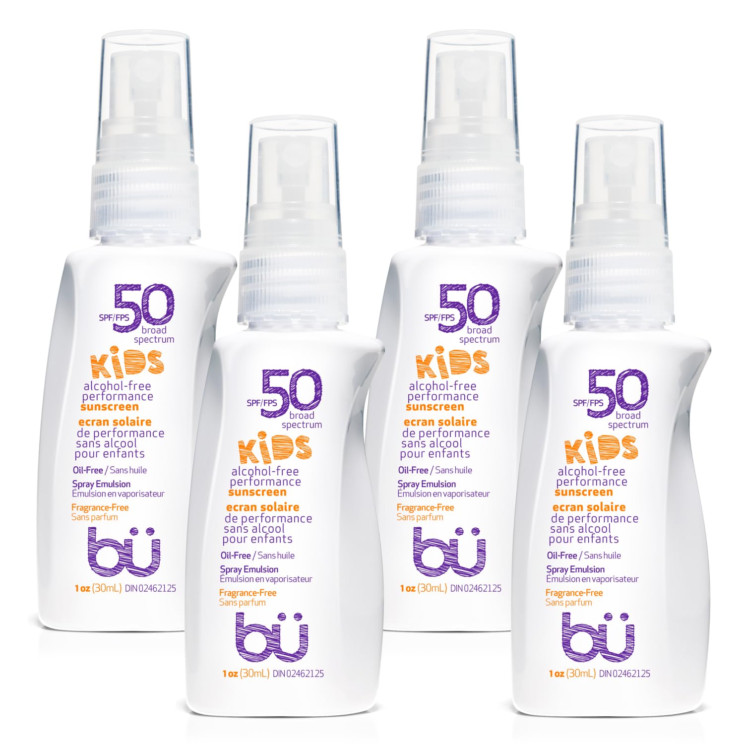 BU SPF 50 Kids Sunscreen Spray for Face and Body, 4-Pack