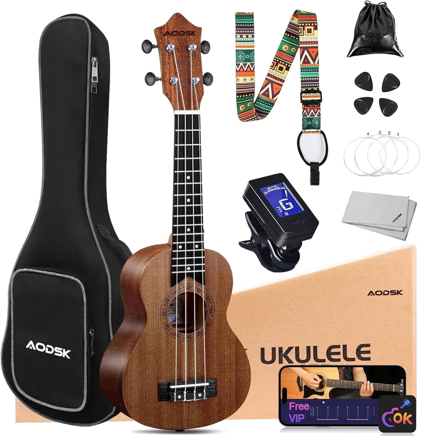 AODSK Soprano Ukulele 21 Inch Kit with Gig Bag and Accessories