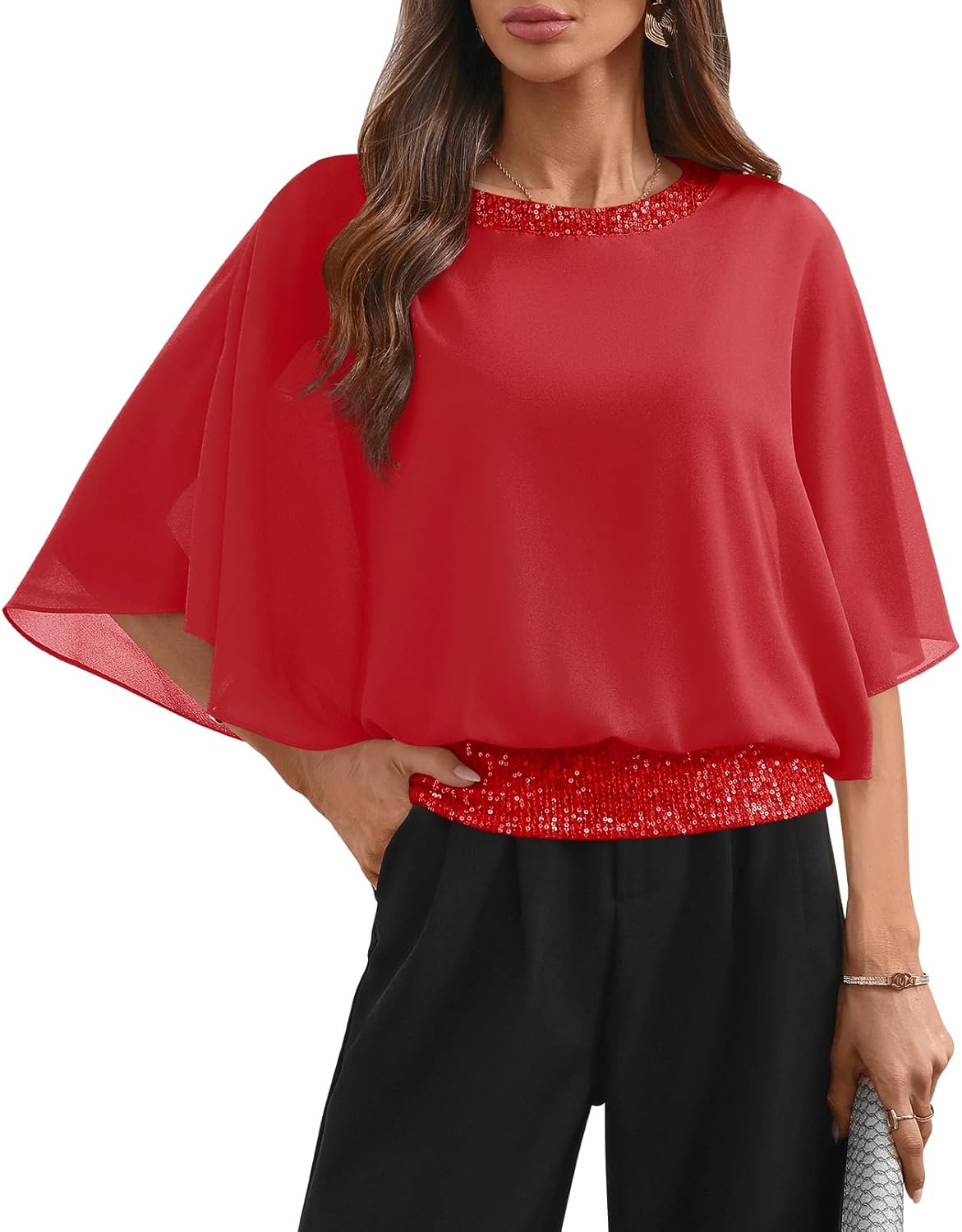 Sequin Dressy Top for Women - Elegant Formal Chiffon Blouse
