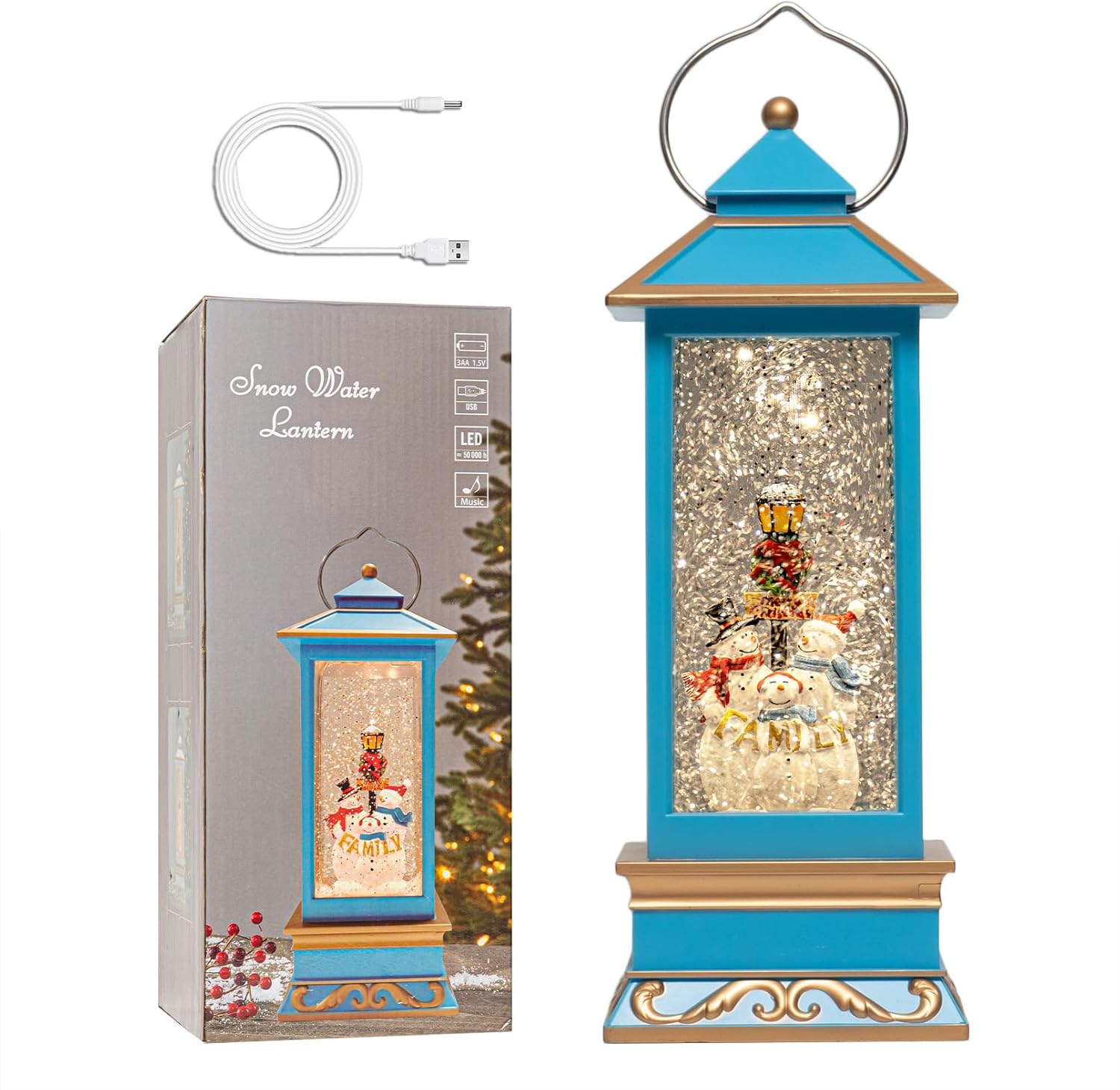 12in Christmas Snow Globe Lantern with Snowman Family Decor
