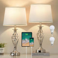 Table Lamp Set of 2 with Spiral Cage Base and USB C+A Ports - White