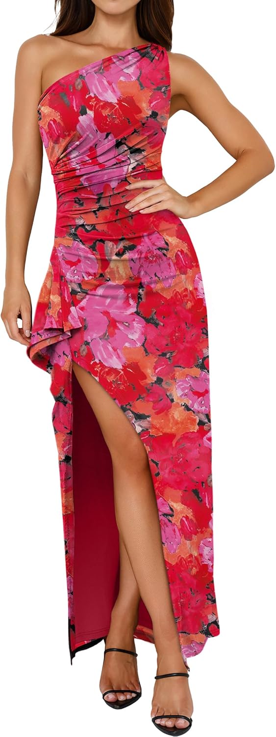 Stylish One Shoulder Floral Bodycon Maxi Dress for Summer Events