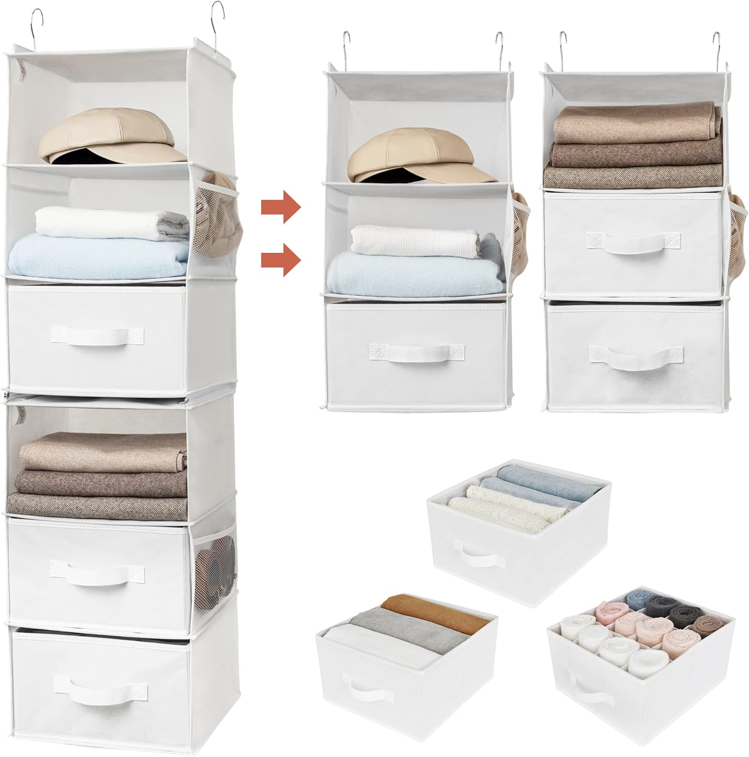 6-Shelf Hanging Organizer for Closet with Removable Drawers