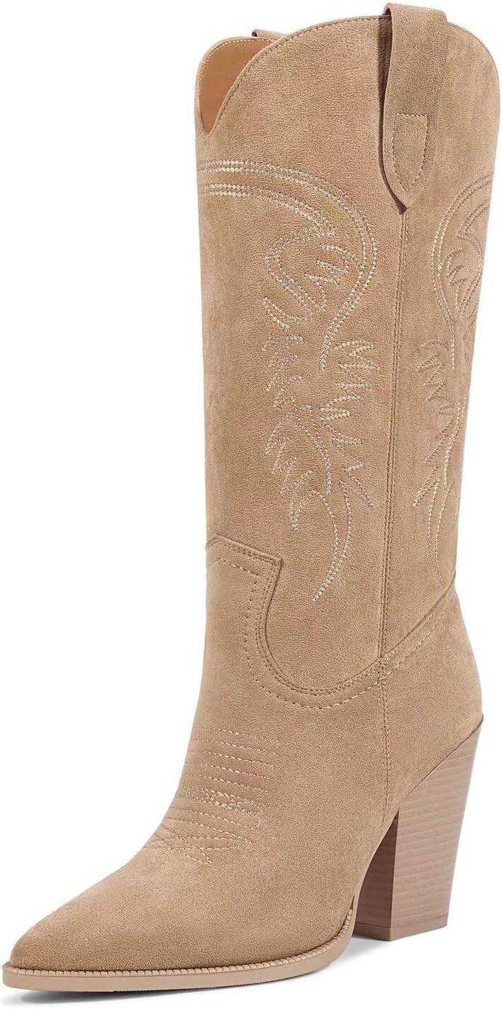ISNOM Cowboy Boots for Women - Stylish Pointed Toe Chunky Heel