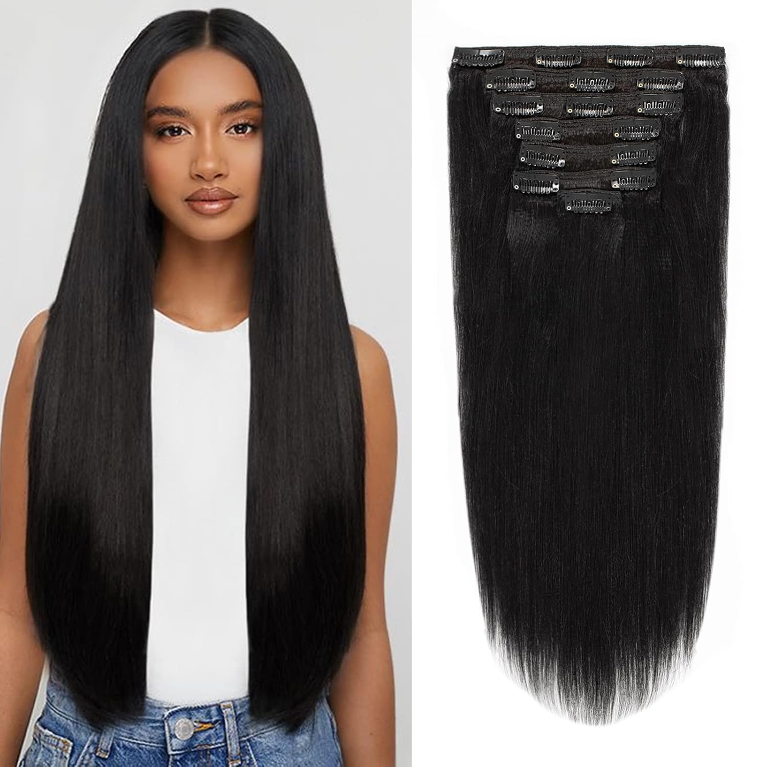 Remy Human Hair Clip In Extensions Yaki Straight 16 Inch Set