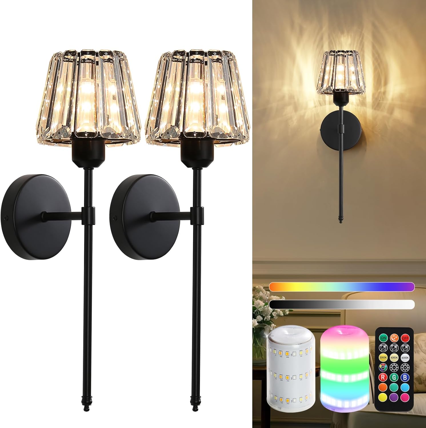 Battery Operated Crystal Wall Sconce Set of 2 for Home Decor
