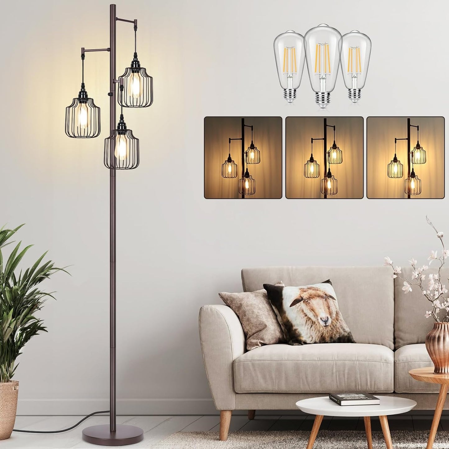 Dimmable Industrial Floor Lamp with 3 LED Bulbs for Home