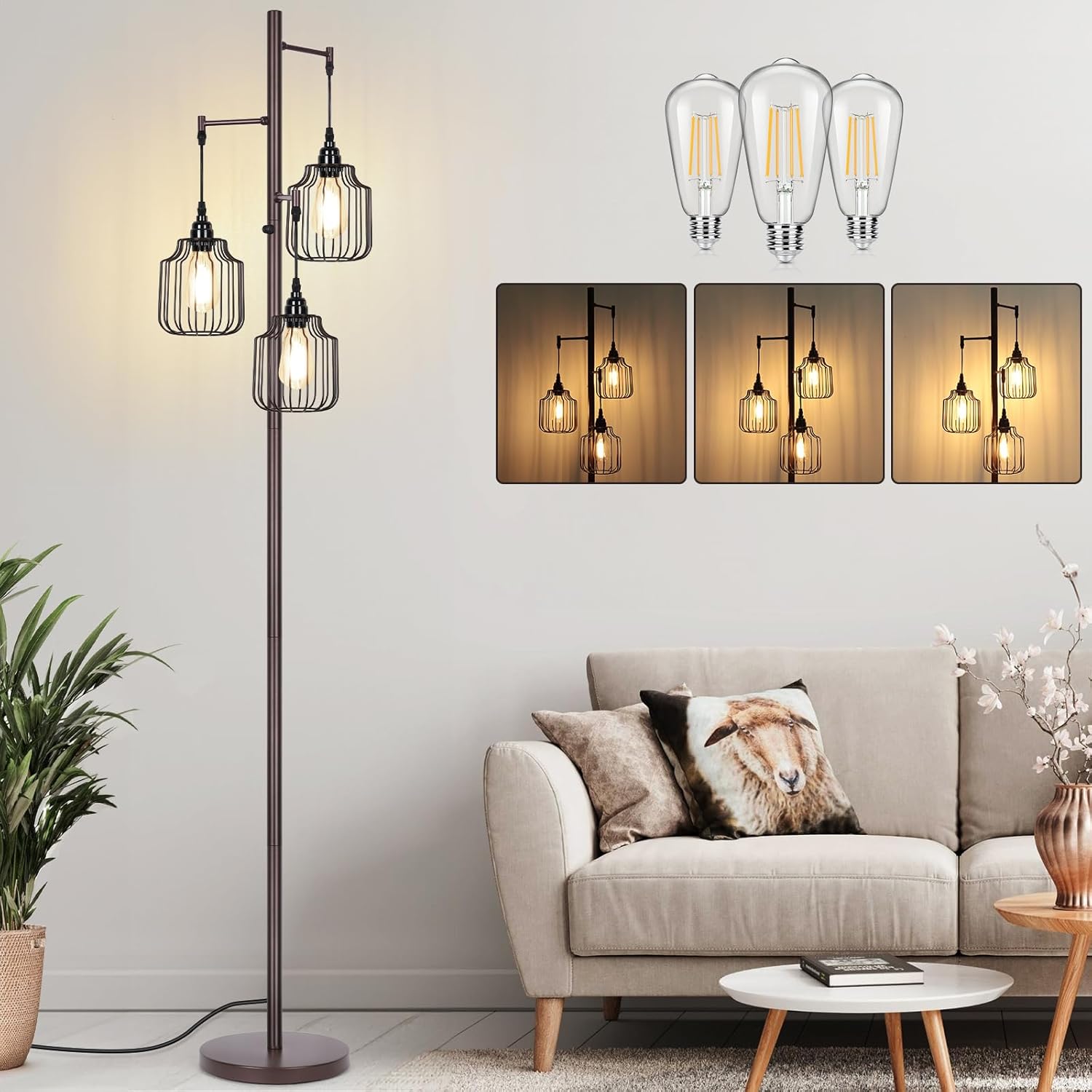 Dimmable Industrial Floor Lamp with 3 LED Bulbs for Home